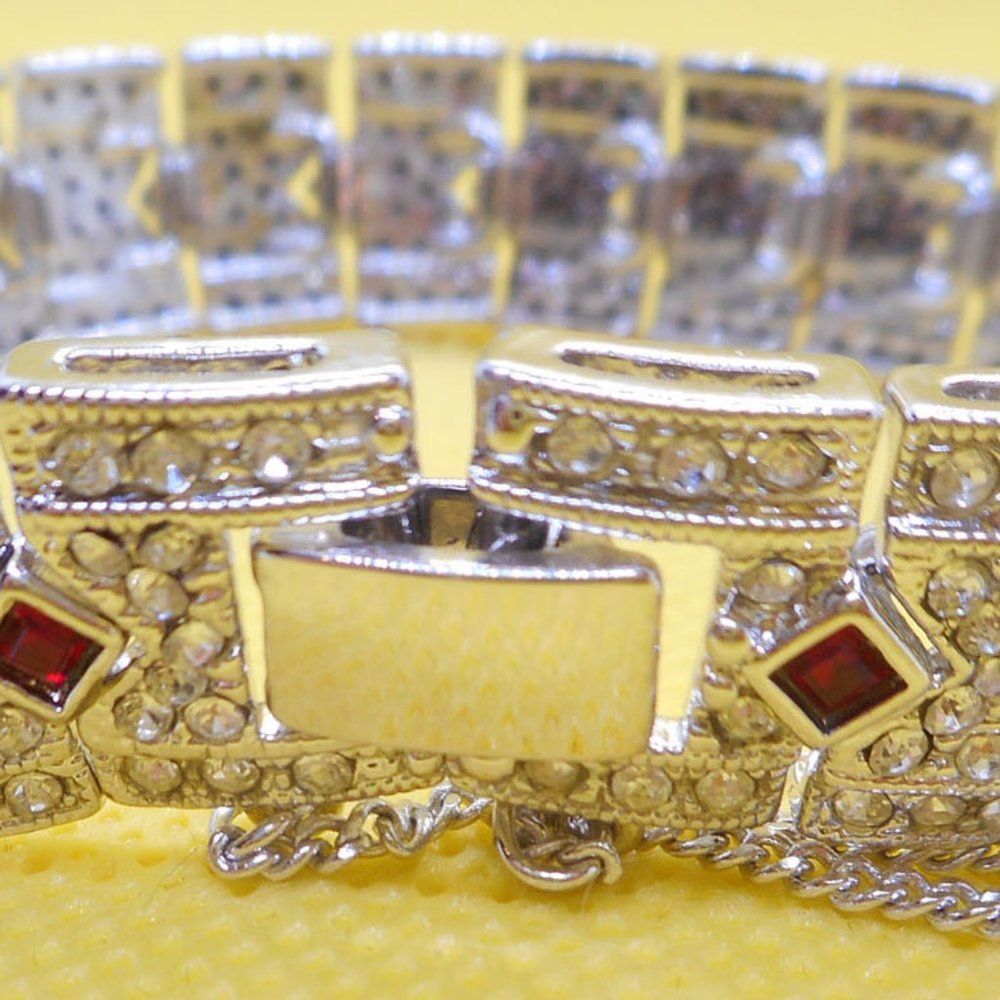 Faux Diamond & Ruby Pave Silvertone Estate Style … - image 2